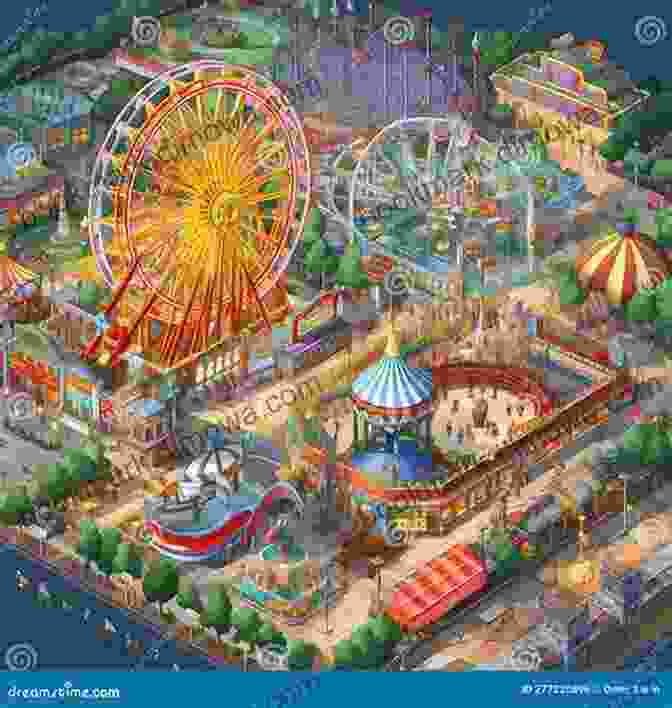 A Bustling Amusement Park Filled With Rides, Attractions, And Happy Visitors Roller Coasters Flumes And Flying Saucers